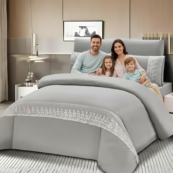 Luxury Border Design King Bed Bedding Set – 6 PCs with Sheet, Duvet & Pillowcases (Grey)
