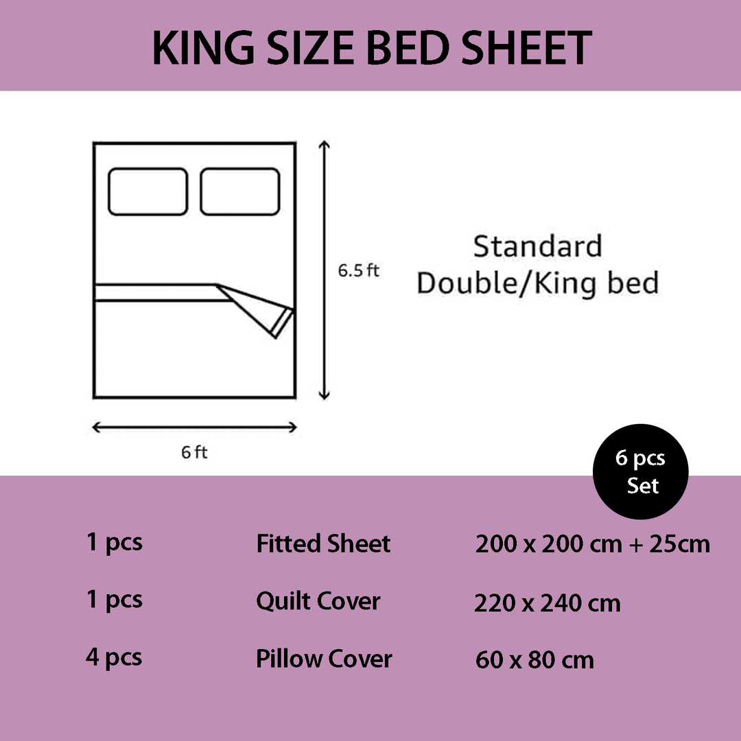 Pattern Border Cotton King Size Bed Sheets 6 PCs - Fitted Sheet, Duvet & Pillowcases(6TQ12)