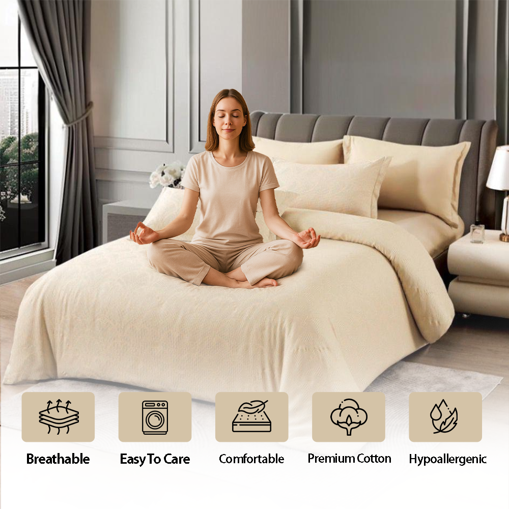 Premium 6 PCs King Size Sheets Set  – Elegant Cream Modern Bedrooms Bed Set (6FM63)