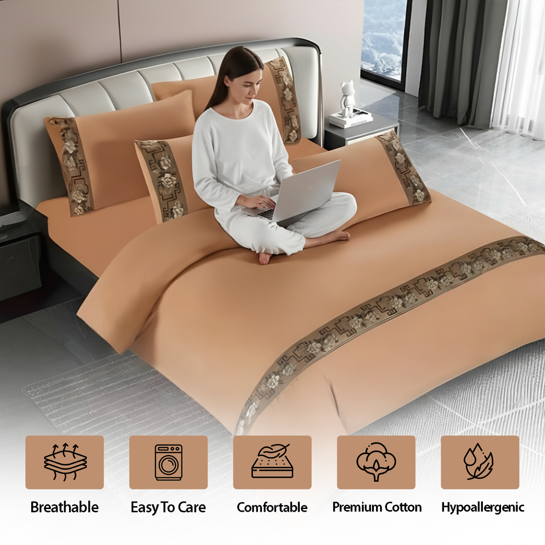 Linen Bedding Sets 6 PCs – King Size with Patterned Border, Sheet Set & Pillowcases (6TQ16)