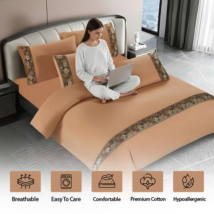 Linen Bedding Sets 6 PCs – King Size with Patterned Border, Sheet Set & Pillowcases (6TQ16)