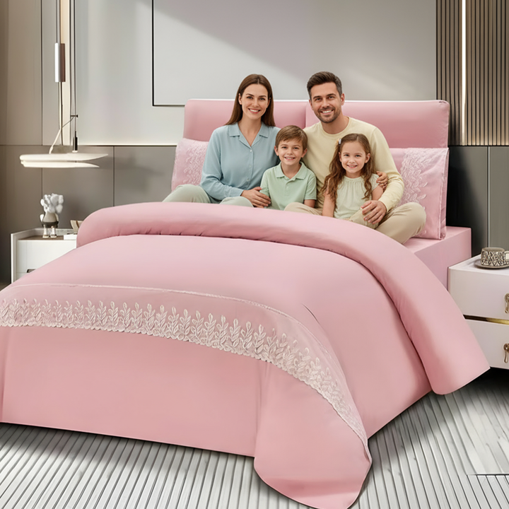 Pattern Border King Size Linen Bedding Set 6 PCs - Complete Set with Pillowcases (Soft Pink)