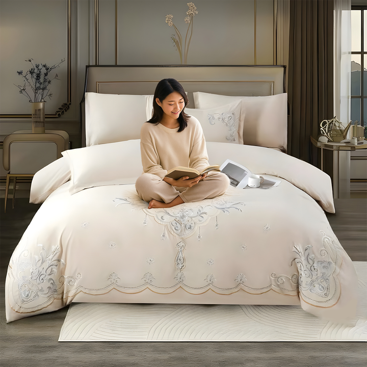 Embroidered 6 PCs King Bed Set with 220x240 Duvet, Fitted Sheet & Pillow Covers (6ES46)