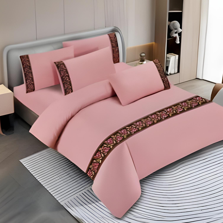 Cotton Fitted Sheet – King Size Bed Set 6 PCs with Border Design & Pillowcases (6TQ11)