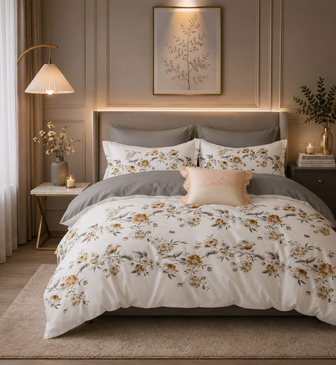 A styled bedroom scene showing a bed dressed in a white floral dbed cover set and matching pillow shams, with gray pillows and a pale blush accent pillow. The room has paneled walls, bedside tables with lamps and flowers, and framed wall art above the headboard.
