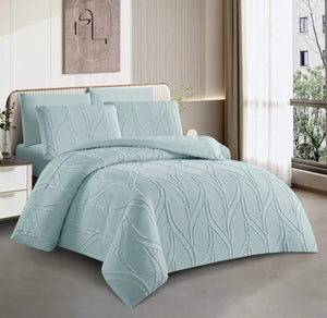 A light blue-greenbed sheet duvet
 with a textured wavy pattern, styled on a bed in a modern bedroom setting.