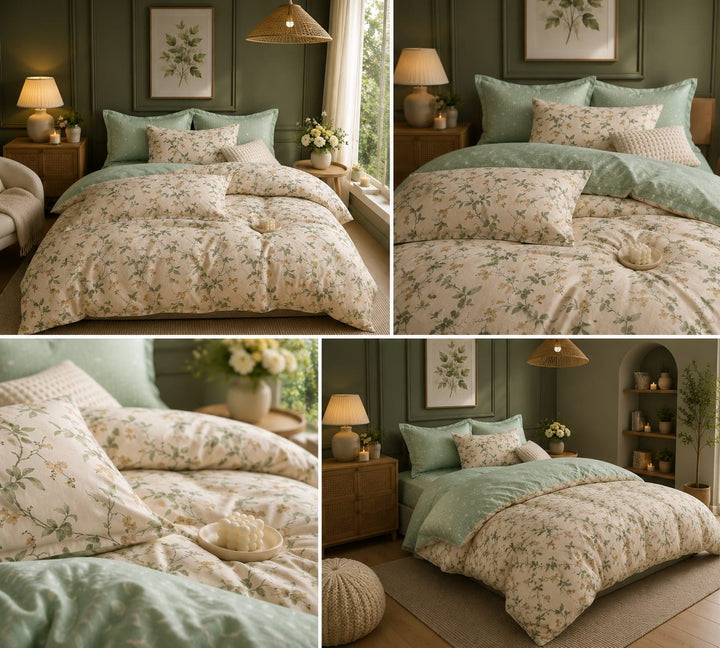 A four-panel collage showing a floral bed sheets king size
 styled in a bedroom. The set includes a cream-colored comforter and matching shams with a delicate green botanical pattern, paired with solid sage green pillows and shams.