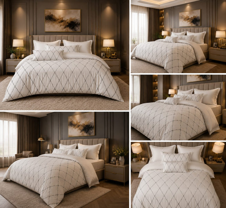 A four-panel collage showing a bed dressed in a quilted cream and beige patterned comforter set with matching shams and white pillows, styled in a modern bedroom with dark wood paneling, bedside tables, lamps, and wall art.