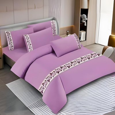 Pattern Border Cotton King Size Bed Sheets 6 PCs - Fitted Sheet, Duvet & Pillowcases (Purple)