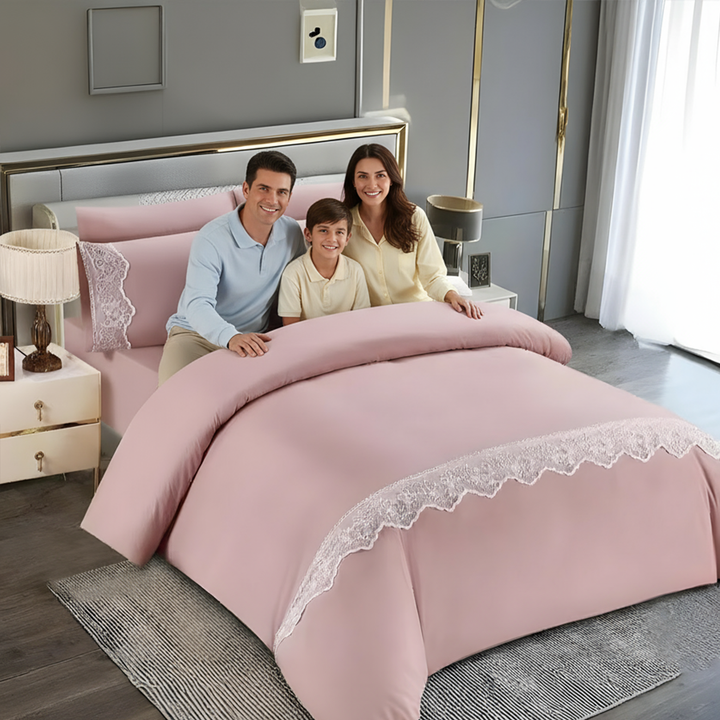 King Size 6 Pcs Cotton Blend Bedding Set – Duvet Cover, Fitted Sheet & Pillowcases (Pink)