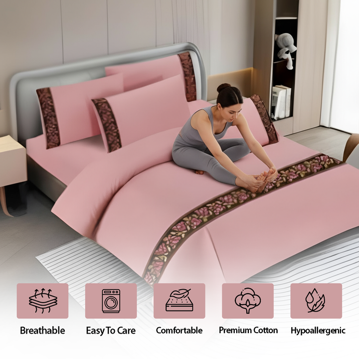 Cotton Fitted Sheet – King Size Bed Set 6 PCs with Border Design & Pillowcases (6TQ11)