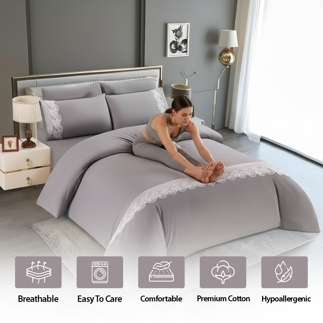 King Size Cotton Blend Grey Bedding Sets – 6 Pcs Duvet, Fitted Sheet & Pillow Covers ( grey)
