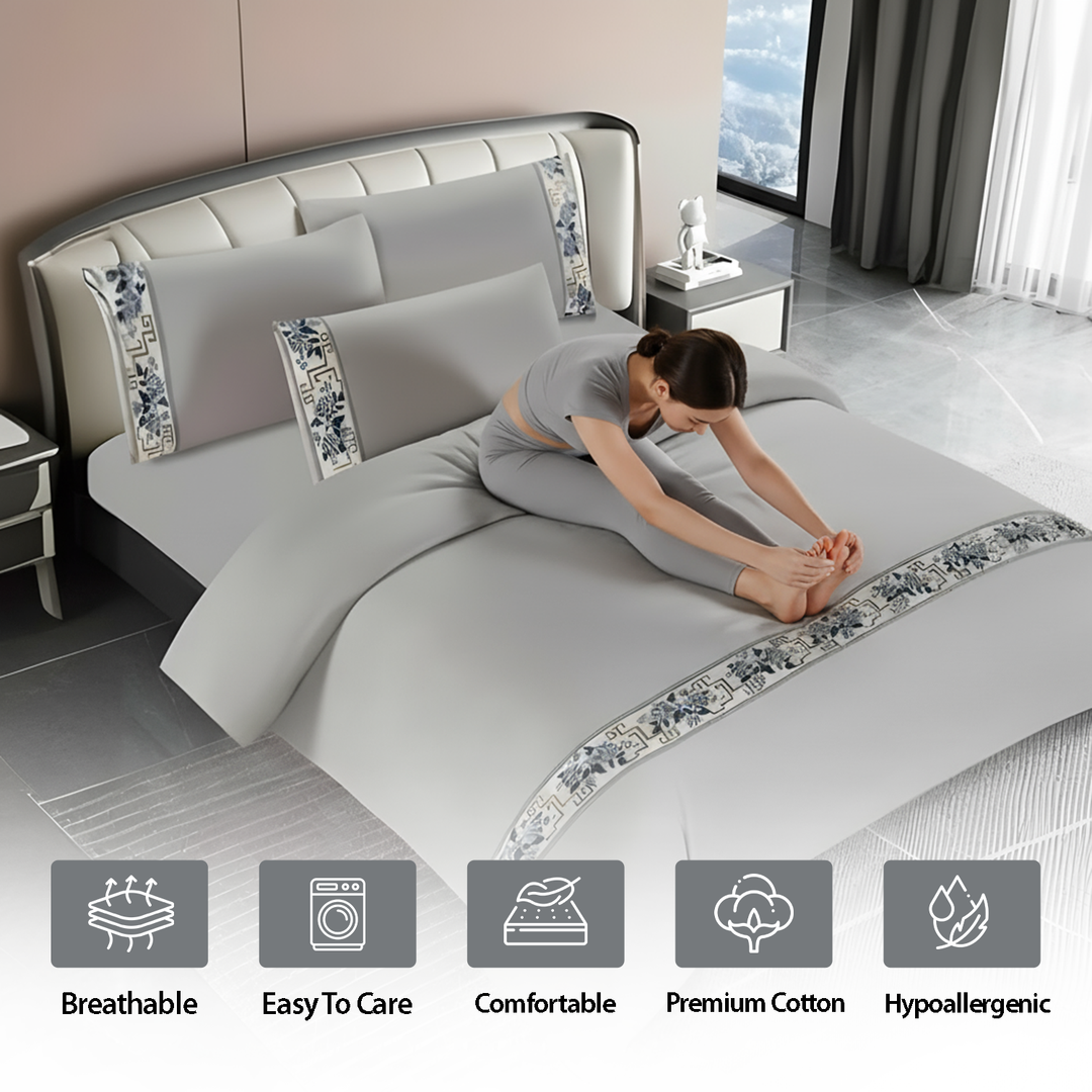 Cotton Bed Sheets 6 PCs Set - Patterned Border Design, Fitted Sheet & Pillowcases (6TQ14)