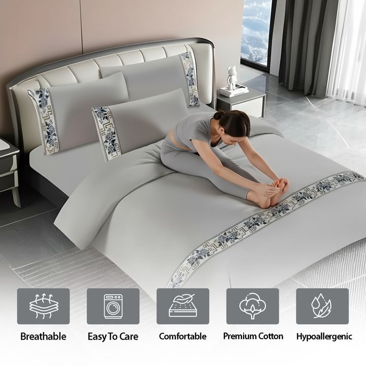 Cotton Bed Sheets 6 PCs Set - Patterned Border Design, Fitted Sheet & Pillowcases (6TQ14)