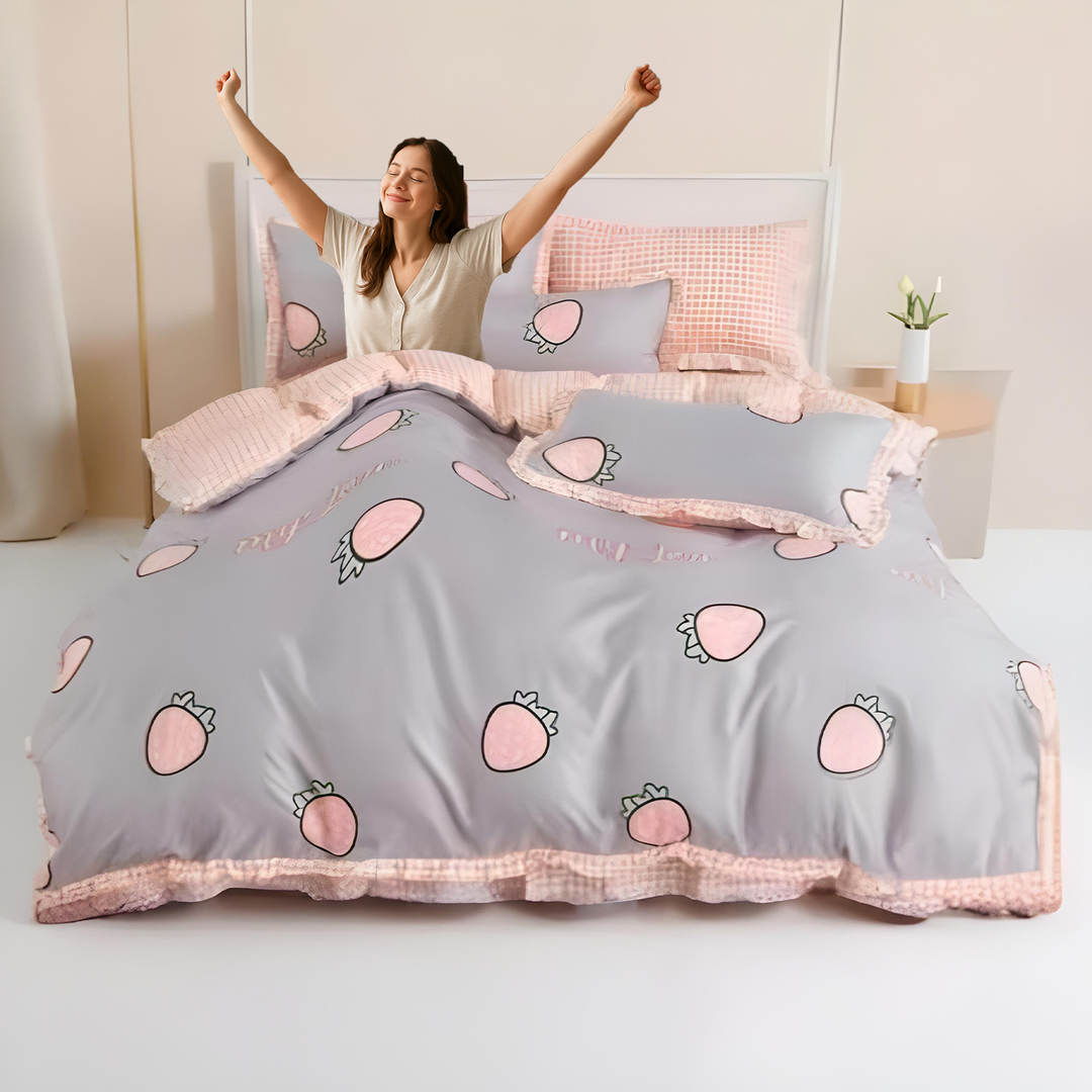 King Size Printed Linen Bedding Set 6 Pcs - Duvet Cover, Fitted Sheet & Pillowcases (6TQ02)