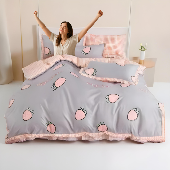 King Size Printed Linen Bedding Set 6 Pcs - Duvet Cover, Fitted Sheet & Pillowcases (6TQ02)