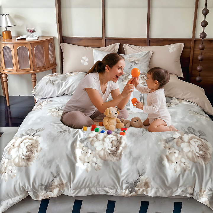 King Size Floral Bedding Set 6 PCs with Duvet Cover & Deep Pocket Fitted Sheet (6FS108)