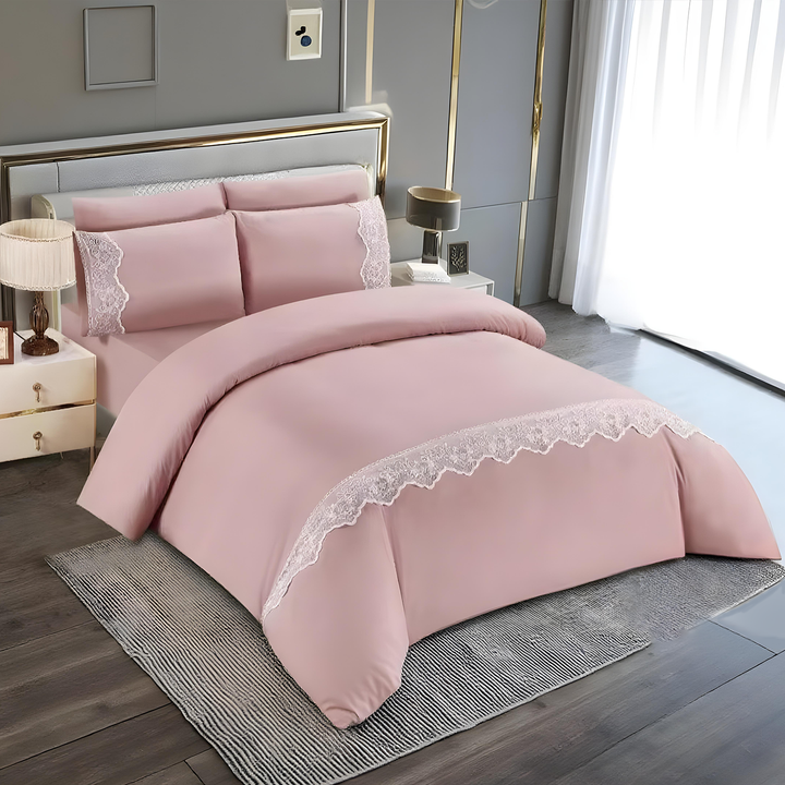 King Size 6 Pcs Cotton Blend Bedding Set – Duvet Cover, Fitted Sheet & Pillowcases (Pink)