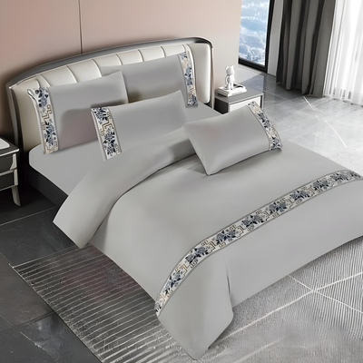 Cotton Bed Sheets 6 PCs Set - Patterned Border Design, Fitted Sheet & Pillowcases (Grey)