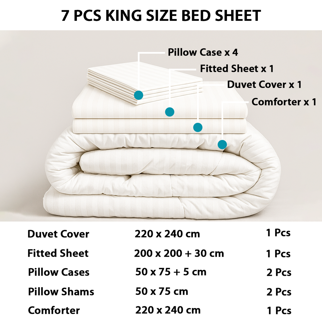 King size Bedding Set 7 PCs – Comforter, Duvet Cover, Fitting Sheets Bed Sheets (White)