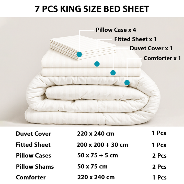 King size Bedding Set 7 PCs – Comforter, Duvet Cover, Fitting Sheets Bed Sheets (White)