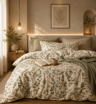 A beautifully styled bedroom featuring a bed dressed in a cream-colored duvet cover and matching pillowcases with an all-over green botanical leaf pattern. The bed is styled with a sage green throw blanket, an open book, and a white mug.