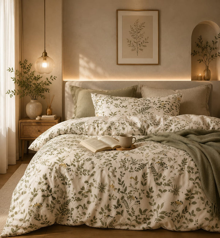 A beautifully styled bedroom featuring a bed dressed in a cream-colored duvet cover and matching pillowcases with an all-over green botanical leaf pattern. The bed is styled with a sage green throw blanket, an open book, and a white mug.