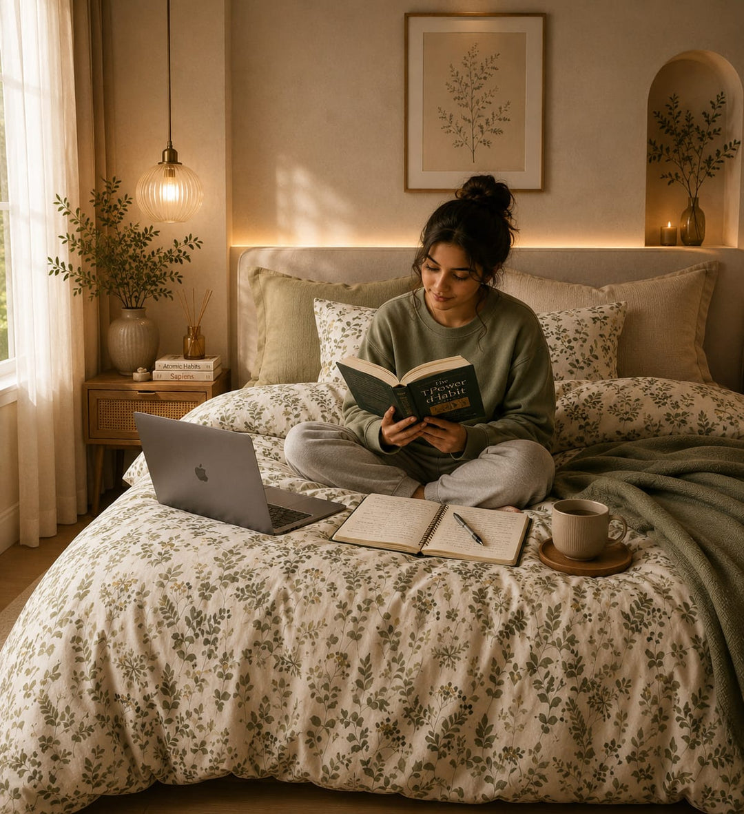 A woman sits cross-legged on a bed with a floral duvet, holding an open book. A laptop, notebook, and mug are on the bed in a warm, softly lit bedroom.