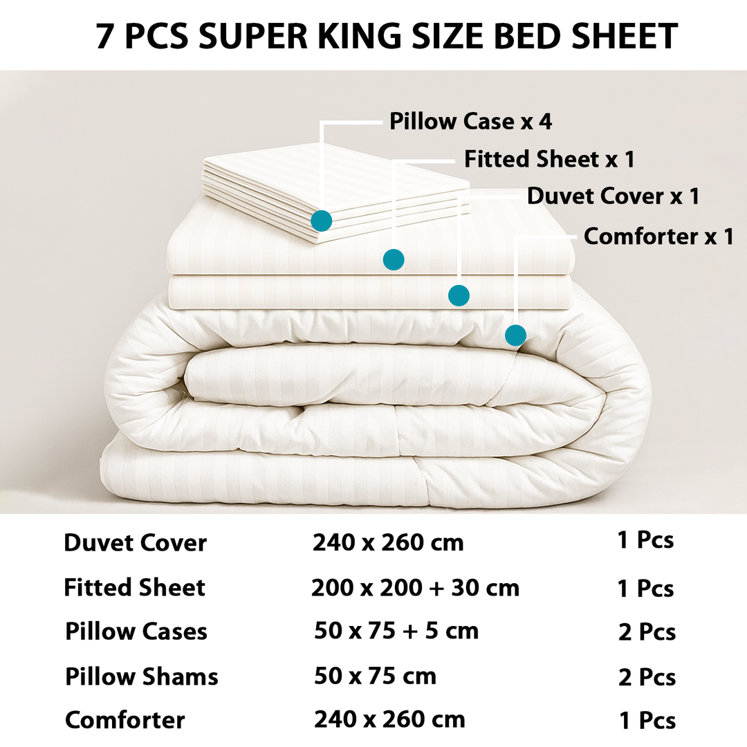 Super King Bedding Set 7 PCs with Duvet , Fitted Sheet, Pillow Shams & Comforter (White)