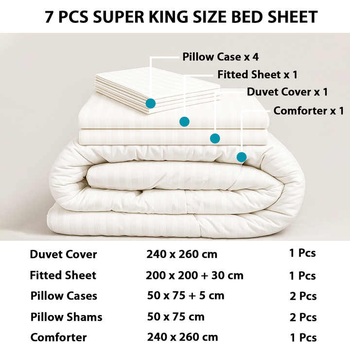 Super King Bedding Set 7 PCs with Duvet , Fitted Sheet, Pillow Shams & Comforter (White)