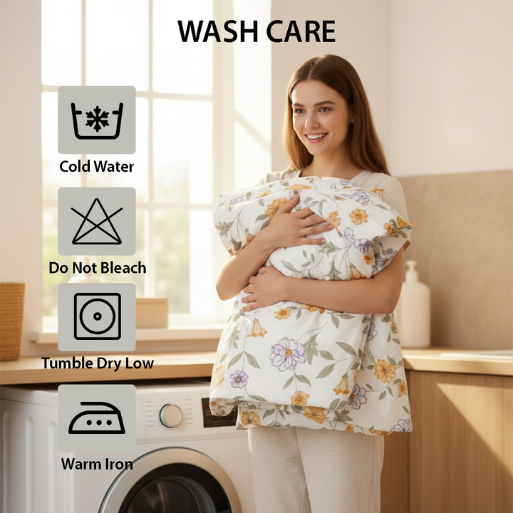 Floral print duvet set styled with neutral pillows near window