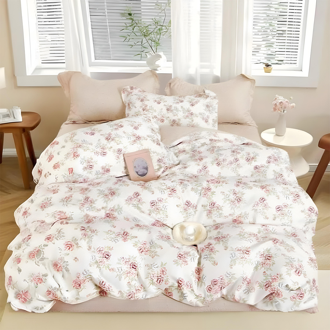 White quilt cover decorated with delicate pink floral clusters