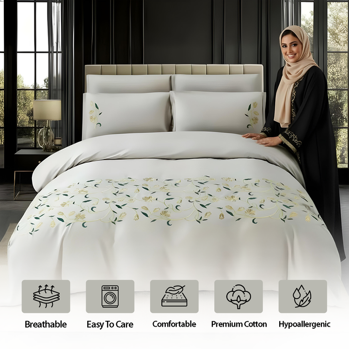 6 PCs Luxury King Size White Embroidered Bed Sheet Set – Soft Premium Bedding (6ES68)