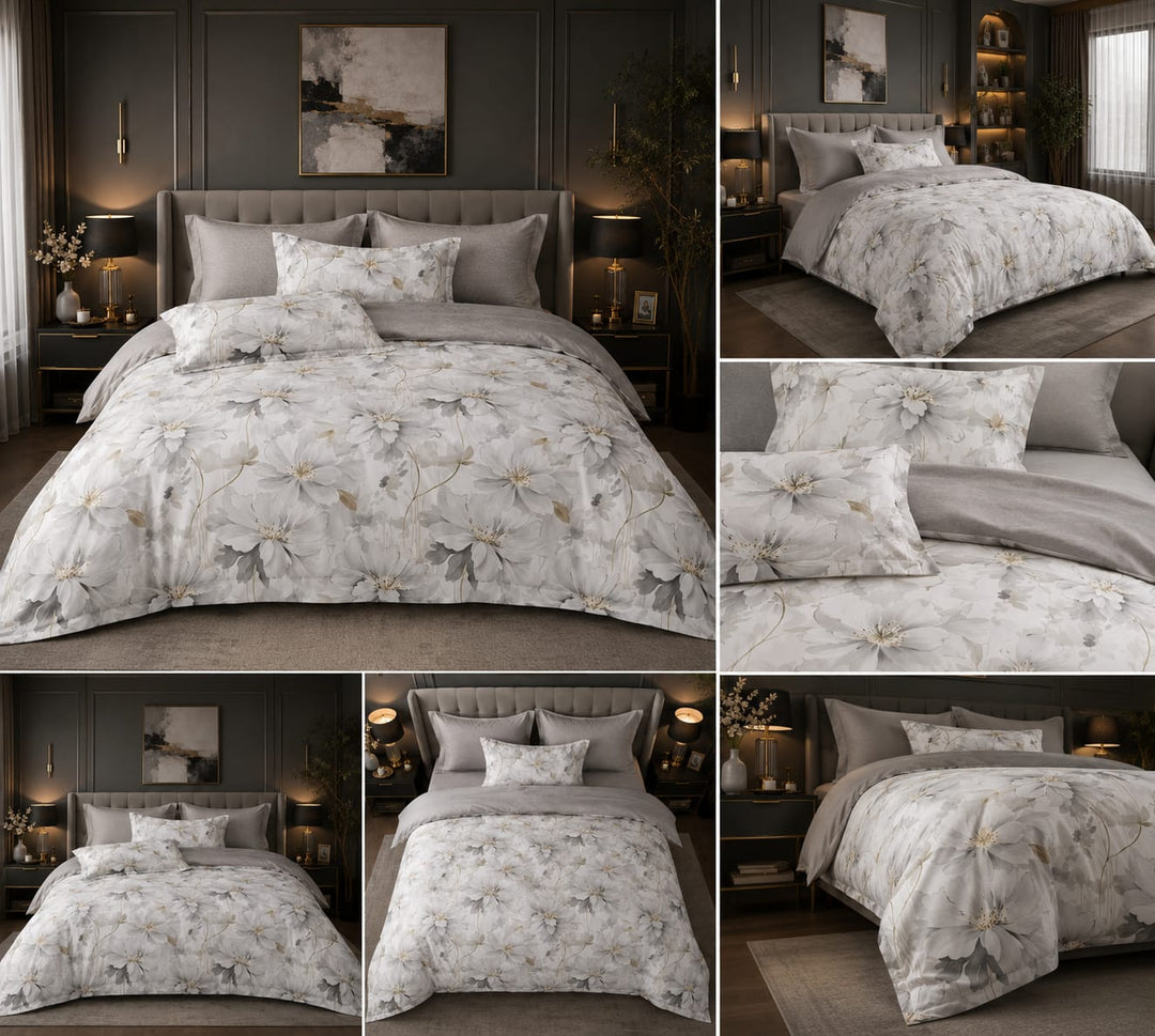 A bedding set shown in a dark, modern beddings set, featuring a duvet cover and pillow shams with a large white floral pattern on a light gray background, styled with solid gray pillows and shams.