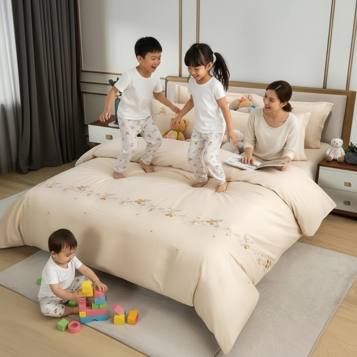 Cozy bedroom setup with soft beige bed linen
