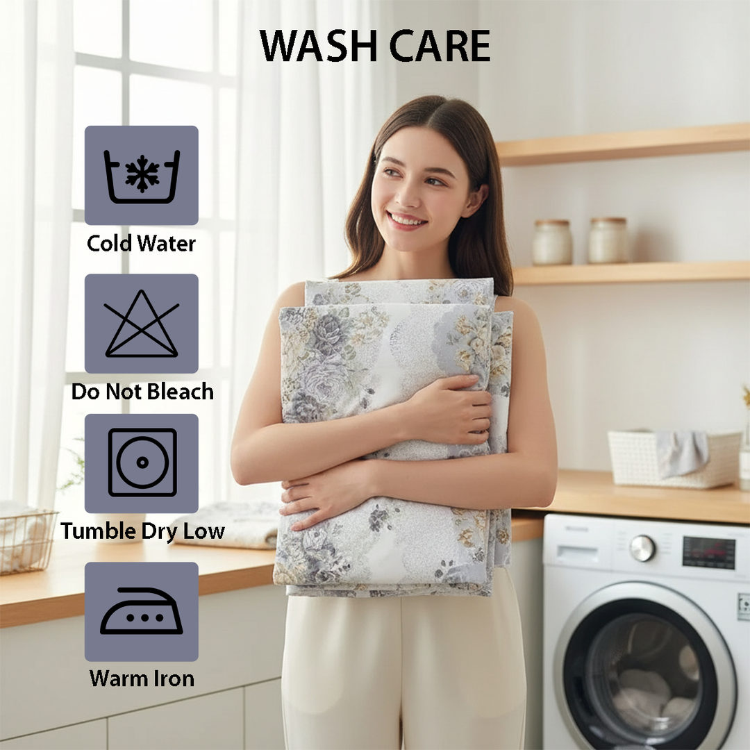 Printed duvet featuring gentle floral clusters in muted tones