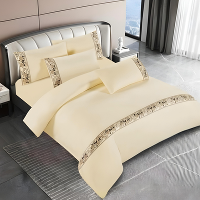 Border Design Cotton Bedding Sets 6 PCs – King Size Sheet , Duvet & Pillowcases (Cream)