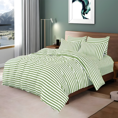 Green and white striped bedding set with matching pillowcases