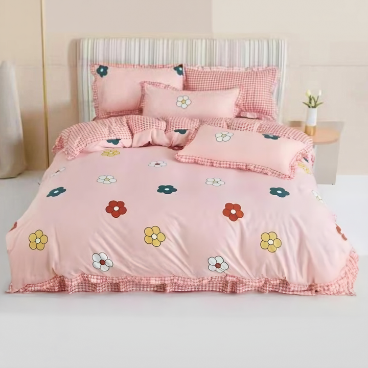 Pink Floral Checkered 6 PCs Bedding Set – Soft Cotton Fitted with Pillow Covers (6TQ05)