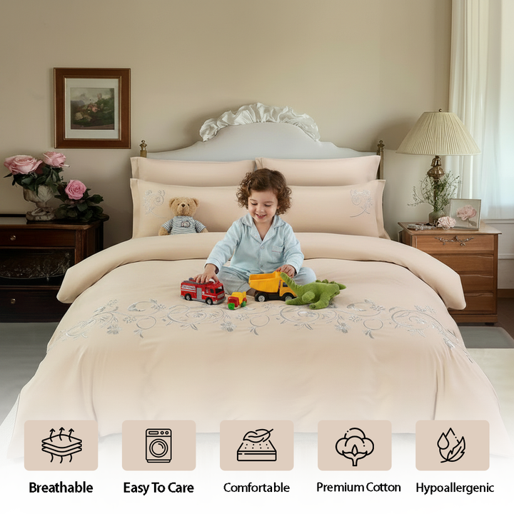 Beige king bedding set with soft blue embroidered design
