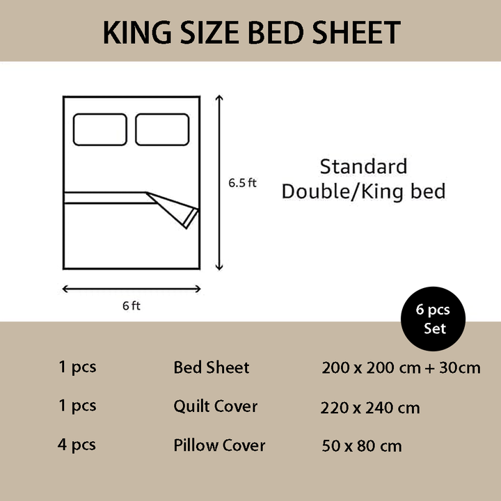 King size bed sheet set dimensions and components diagram on a beige background mooncee uae