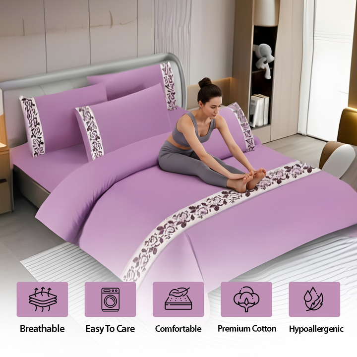 Pattern Border Cotton King Size Bed Sheets 6 PCs - Fitted Sheet, Duvet & Pillowcases(6TQ12)