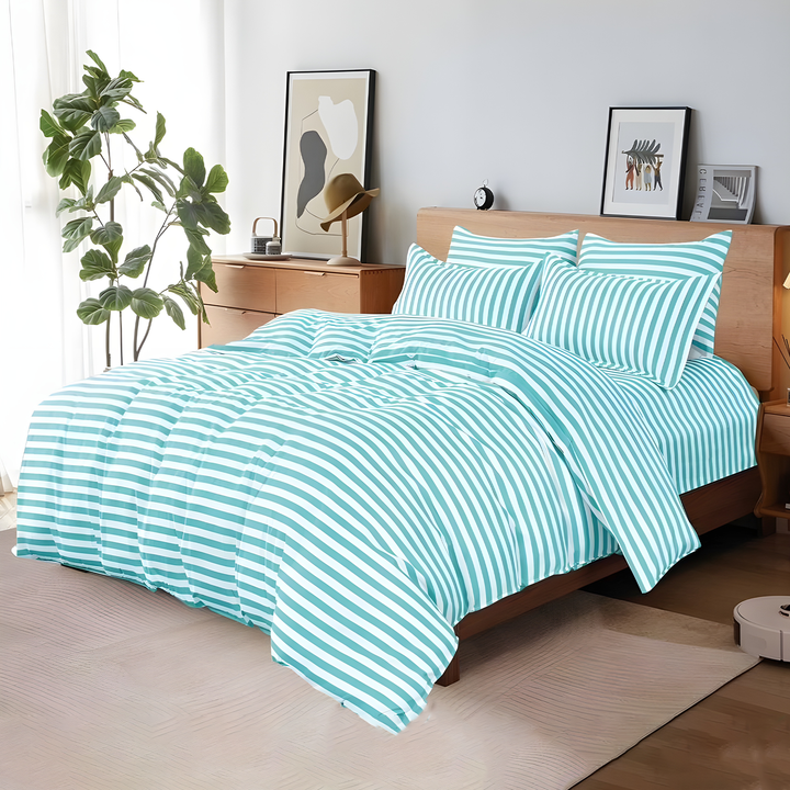 King Size Printed 6 Pcs Bedding Set with Duvet Cover, Flat Sheet & 4 Pillowcase (Aqua Blue)