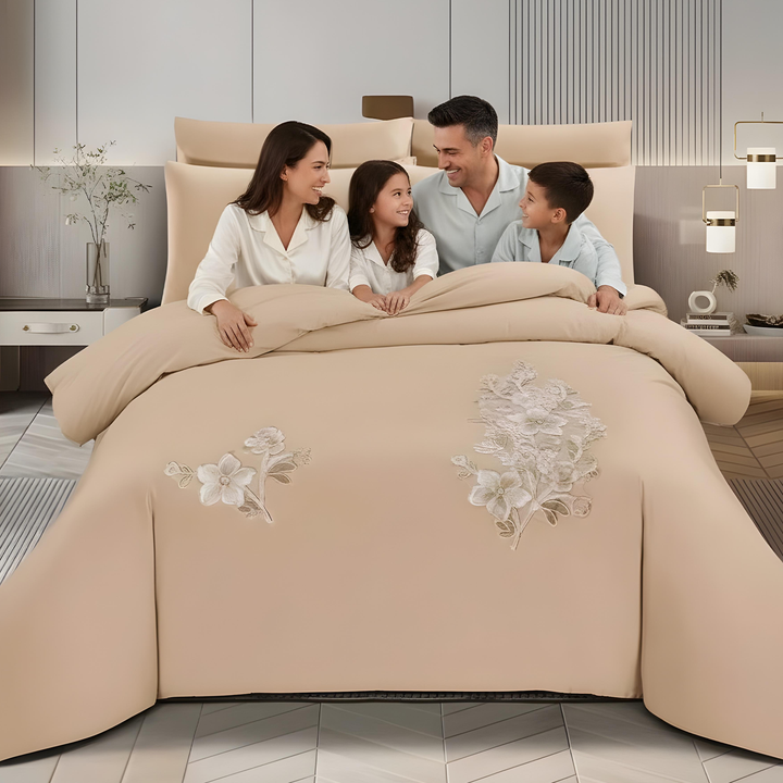 Decorative beige bedsheet set for modern home bedroom styling