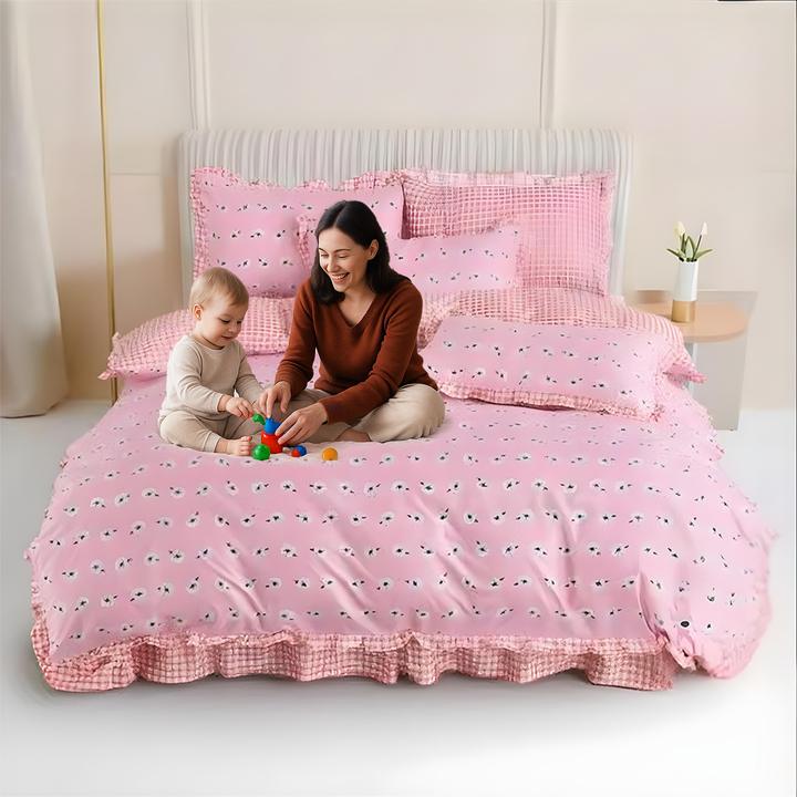 Pink Printed Cotton Bedsheet Set 6 PCs with Floral Checks Design - Soft Bedding (6TQ04)