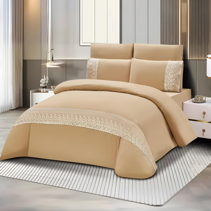 Soft & Stylish Border Design Best Bedding Set - Luxury 6 PCs Set for Every Bedroom (Beige)