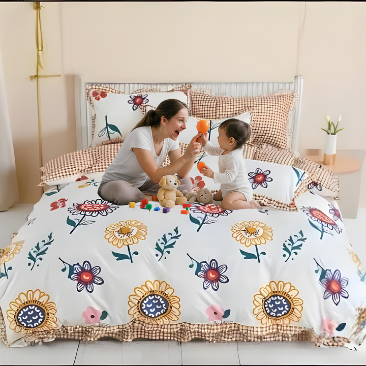 Floral Printed Cotton Bedsheet Set 6 PCs with Sunflower  Design - Cheerful Style (6TQ03)