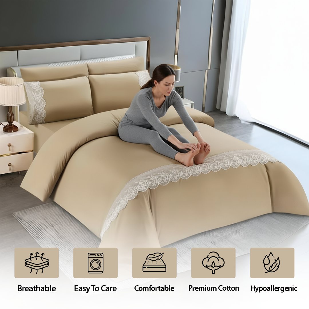 Comfortable 6 PCs King Size Bed Sheets Set – Cotton Fitted Sheet with Border Design (Beige)