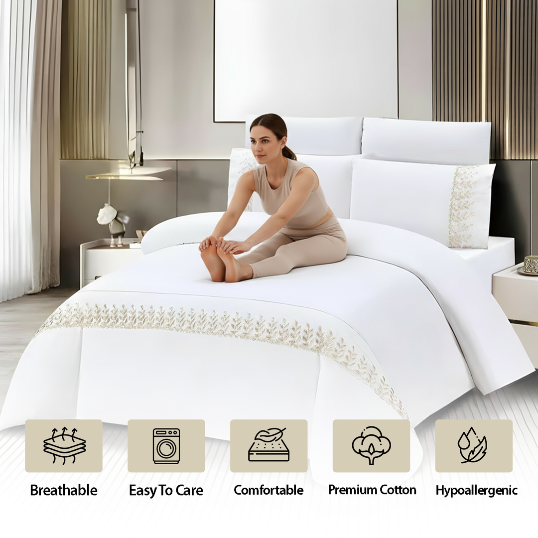 Premium Linen Bedding Set 6 PCs - Fitted Sheet, Duvet & Pillowcases Included (White Gold)