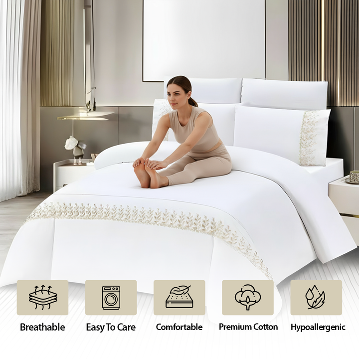 Premium Linen Bedding Set 6 PCs - Fitted Sheet, Duvet & Pillowcases Included (White Gold)